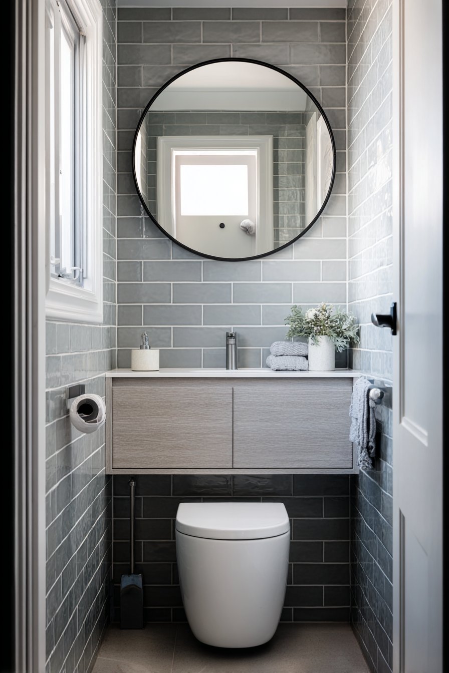 Smart Small-Space Gray Bathroom Solution