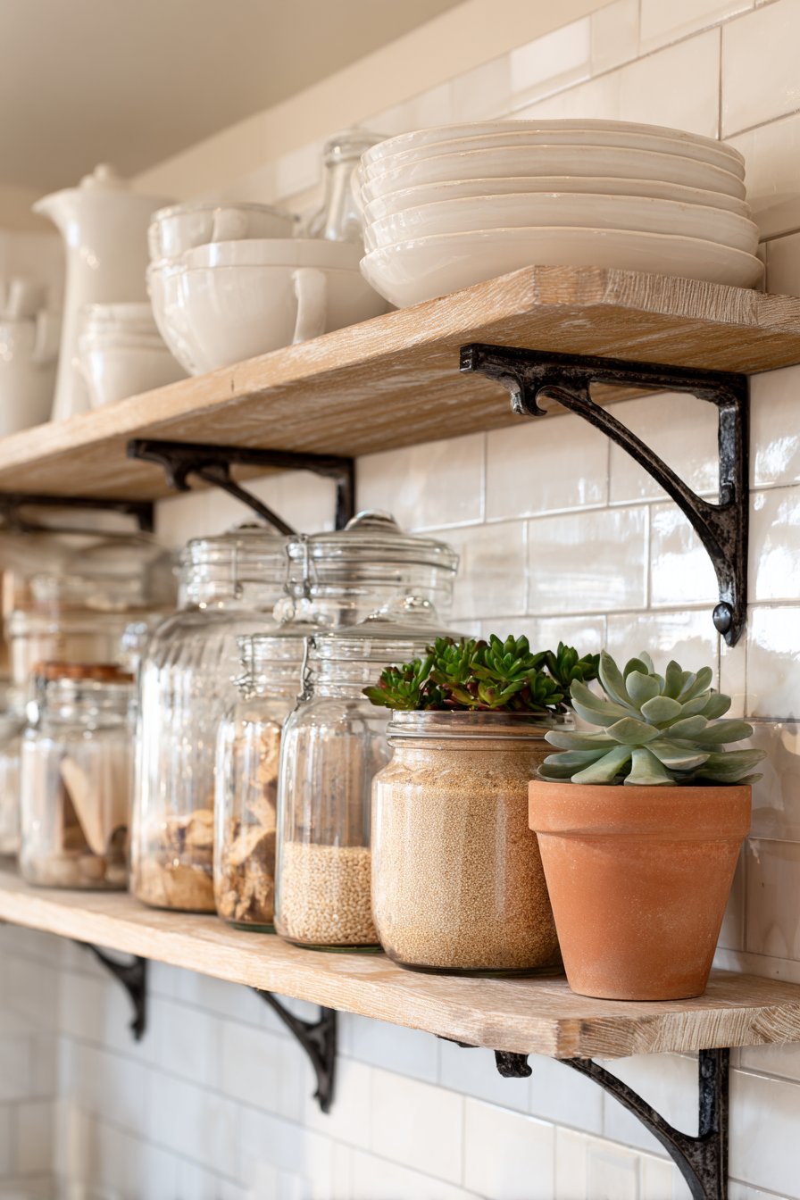 Vintage Open Shelving with Farmhouse Appeal