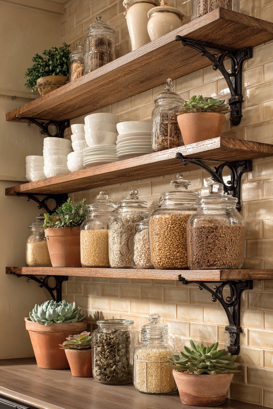 Vintage Open Shelving with Farmhouse Appeal