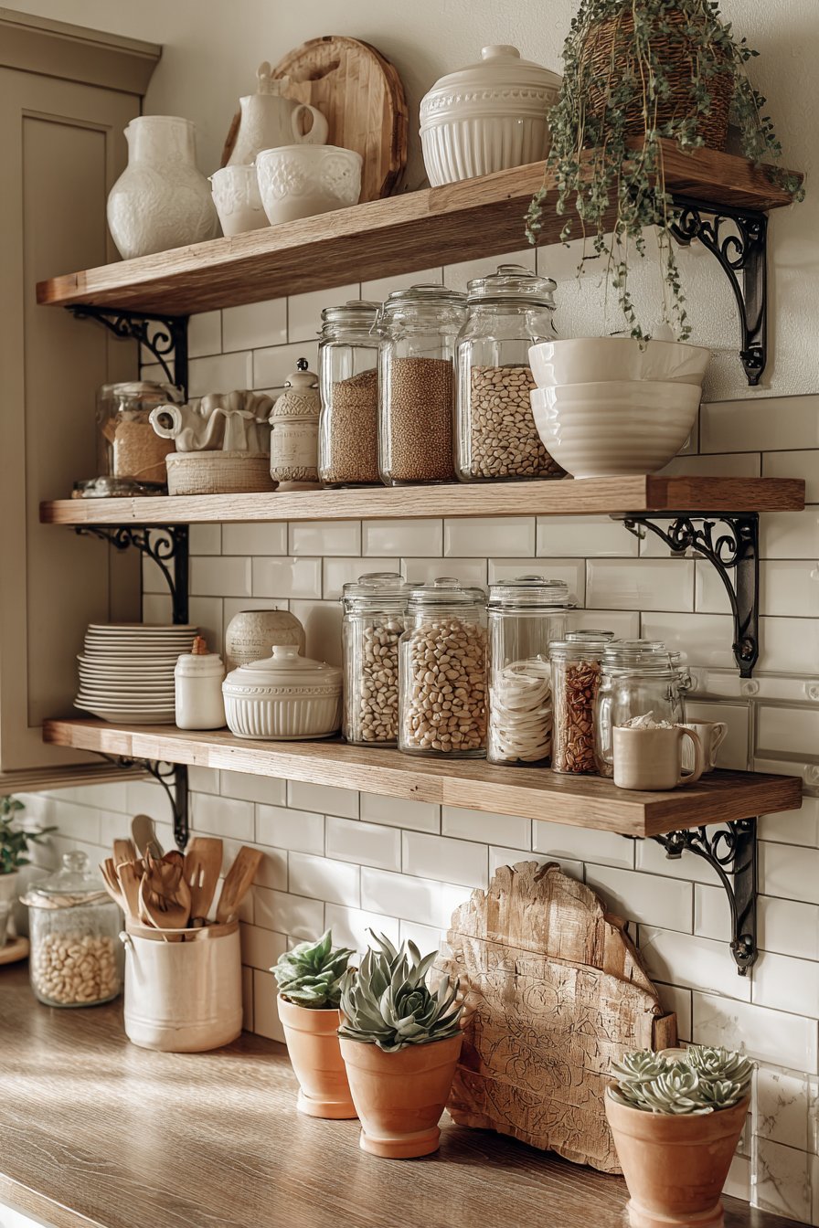 Vintage Open Shelving with Farmhouse Appeal