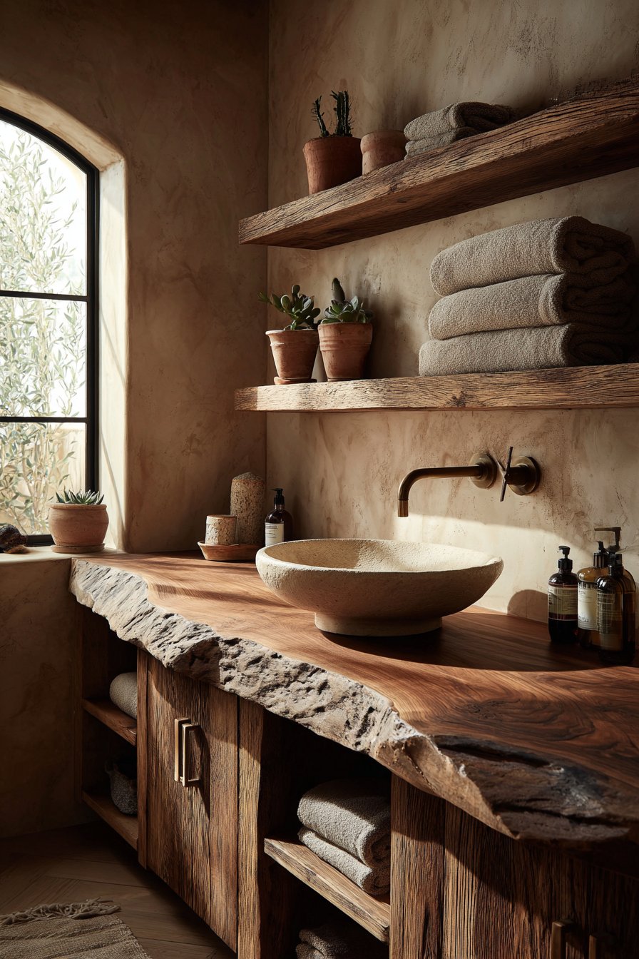 Live-Edge Walnut Vanity with Reclaimed Wood Storage