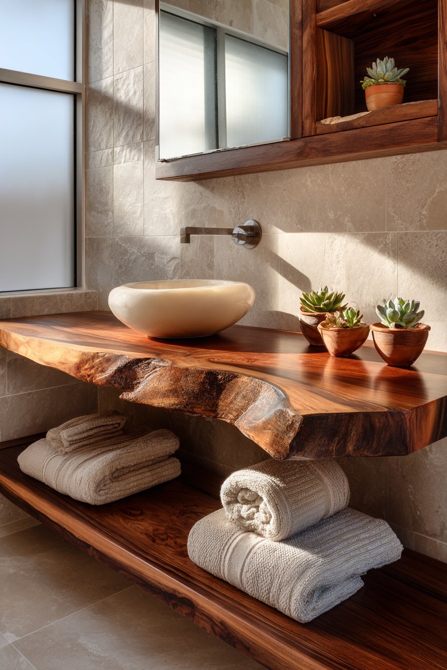 Live-Edge Walnut Vanity with Reclaimed Wood Storage