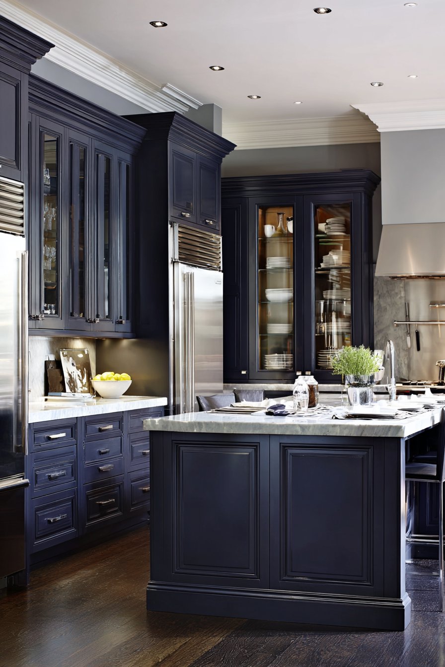 Transitional Sophistication with Raised Panel Navy Blue Kitchen Cabinets