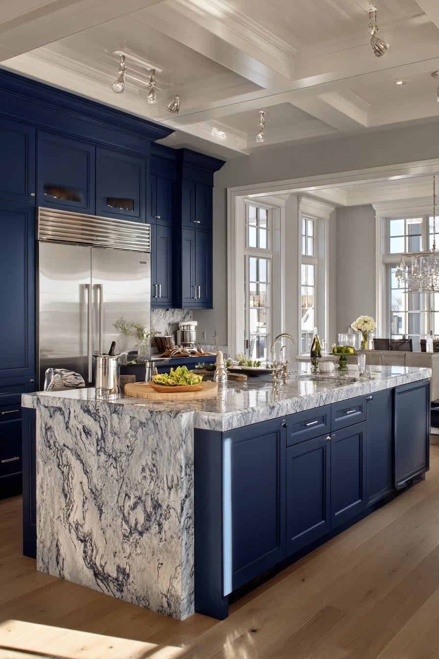 Transitional Sophistication with Raised Panel Navy Blue Kitchen Cabinets