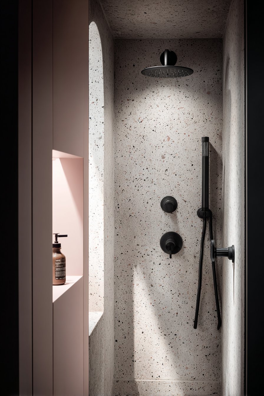 Contemporary Pink and Grey Terrazzo Shower Sanctuary