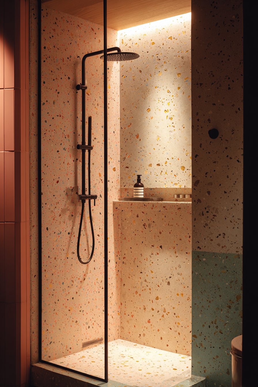 Contemporary Pink and Grey Terrazzo Shower Sanctuary