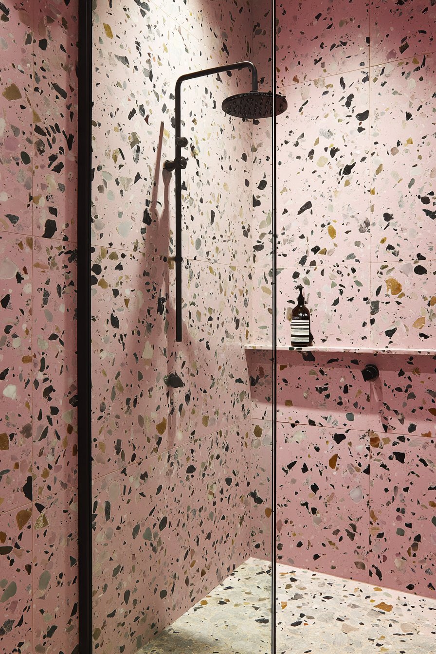 Contemporary Pink and Grey Terrazzo Shower Sanctuary