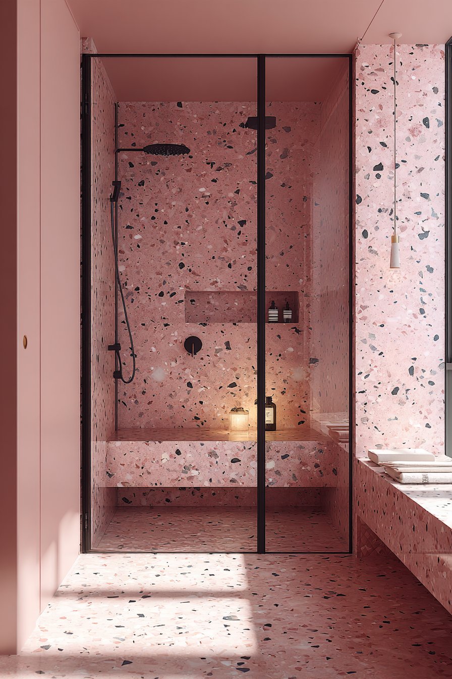 Contemporary Pink and Grey Terrazzo Shower Sanctuary