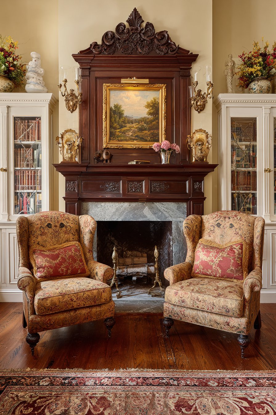 Symmetrical Fireplace Sanctuary with Built-in Bookcases