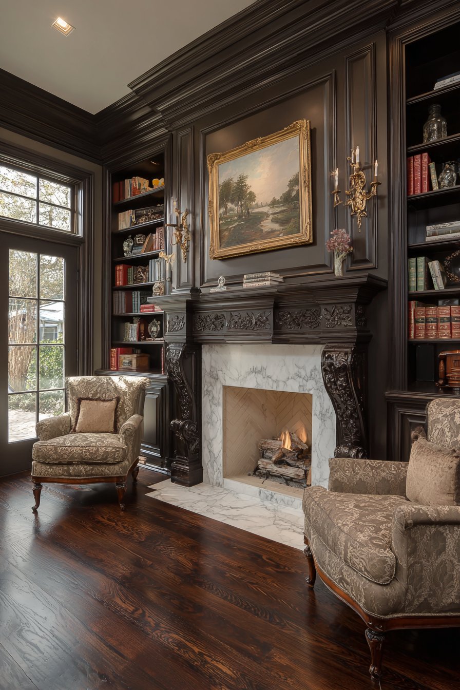 Symmetrical Fireplace Sanctuary with Built-in Bookcases