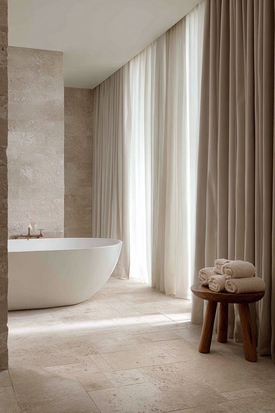 Freestanding Soaking Tub Against Textured Taupe Plaster