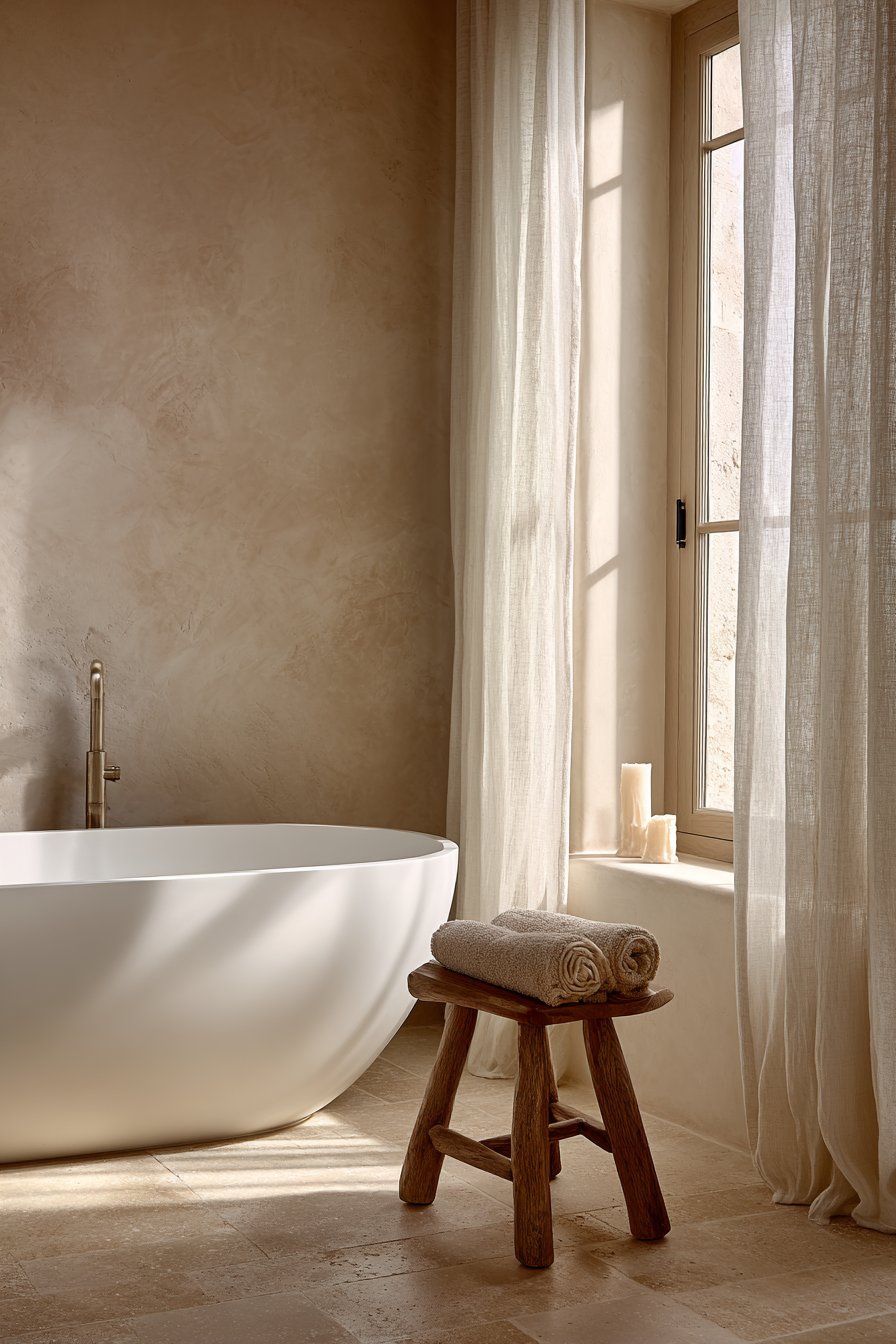 Freestanding Soaking Tub Against Textured Taupe Plaster