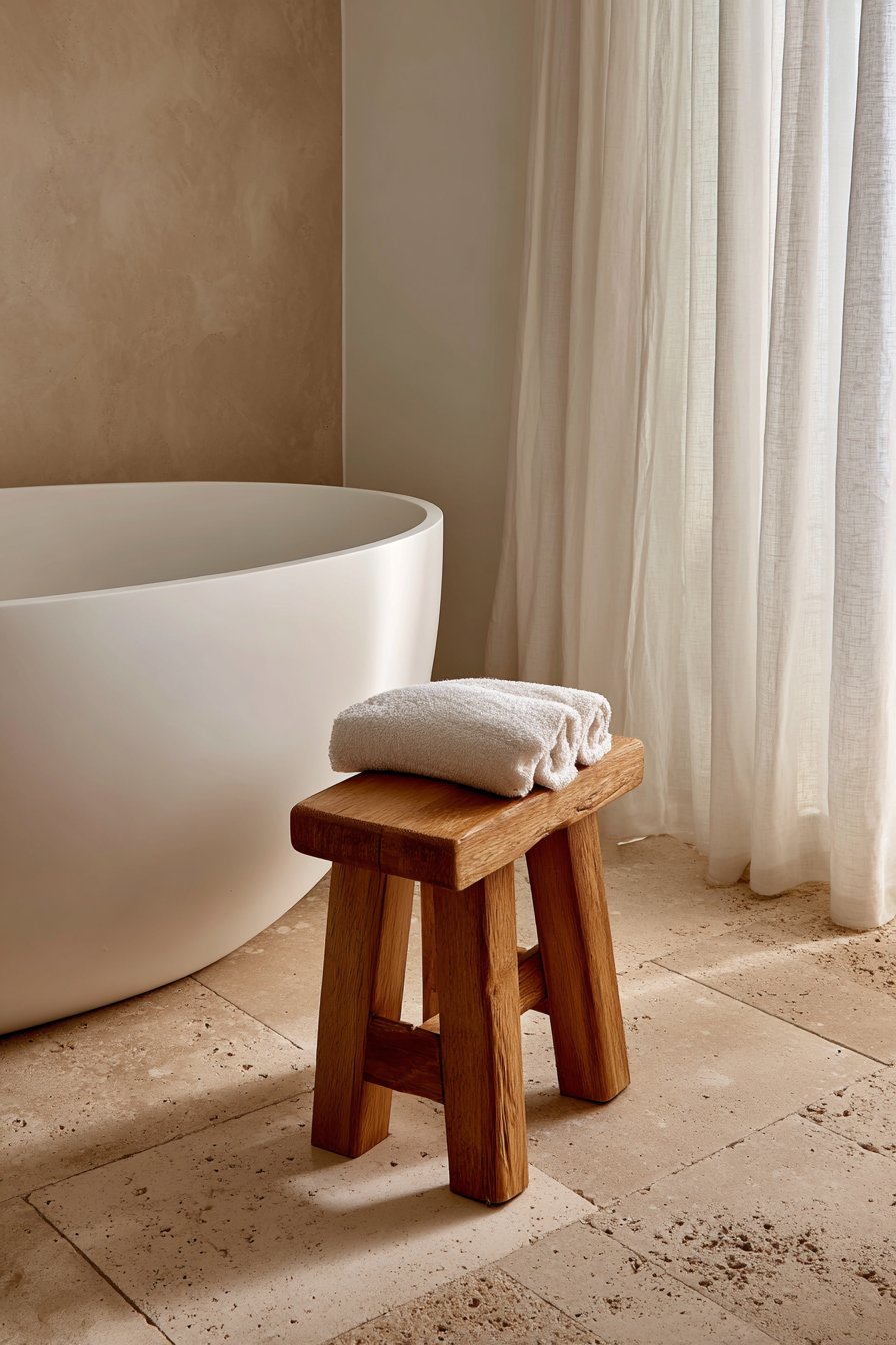 Freestanding Soaking Tub Against Textured Taupe Plaster