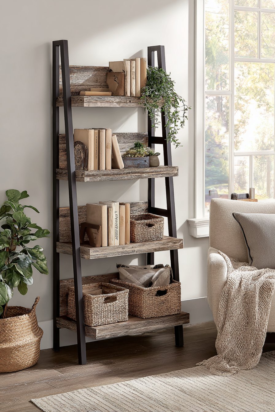 Cozy Corner Ladder-Style Industrial Bookshelf