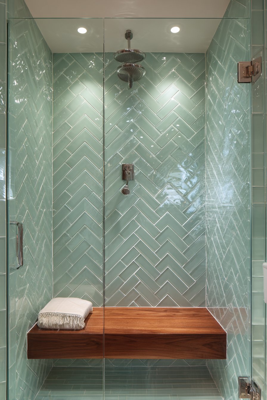Spa-Like Seafoam Herringbone Shower Retreat