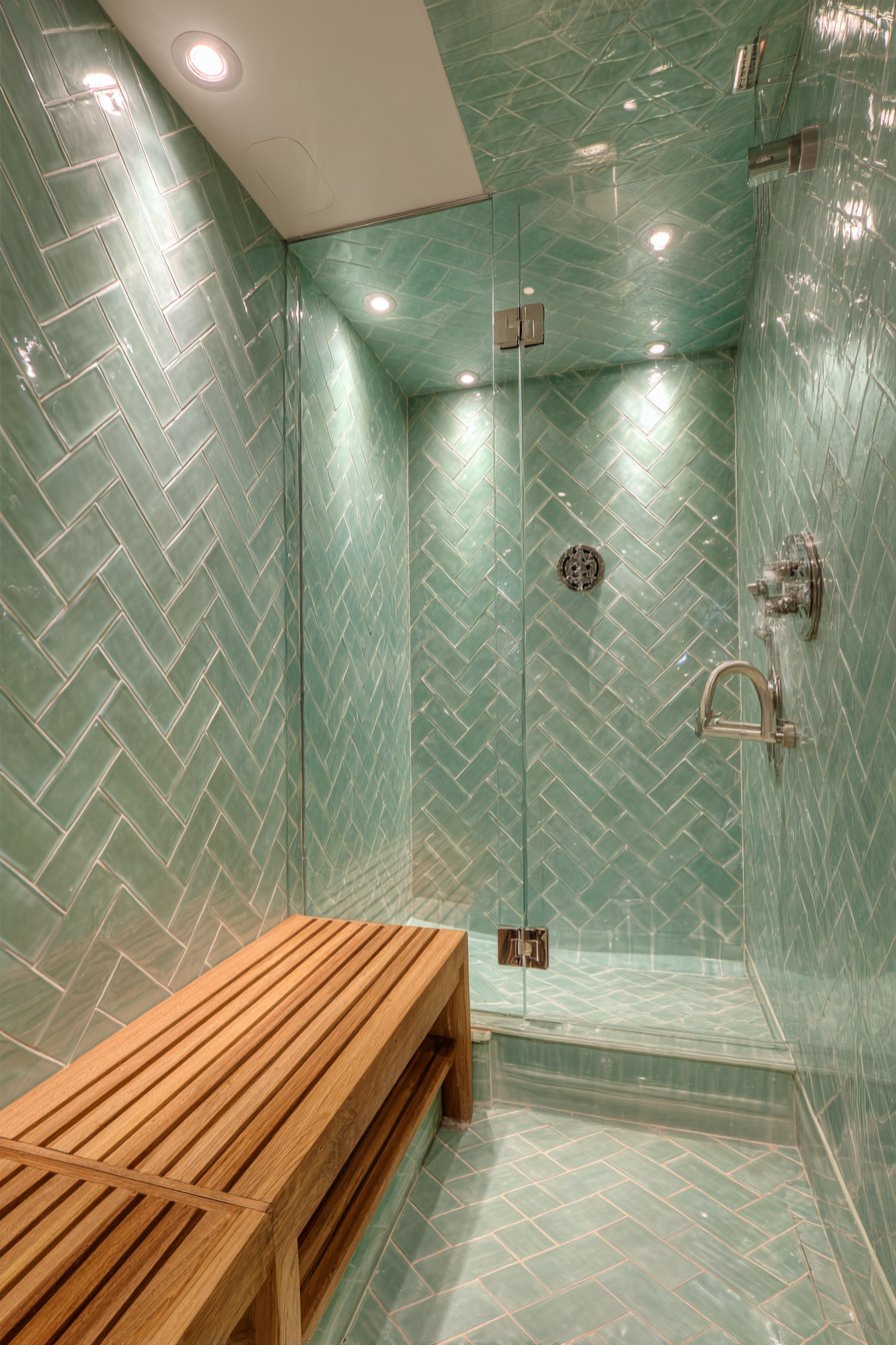 Spa-Like Seafoam Herringbone Shower Retreat