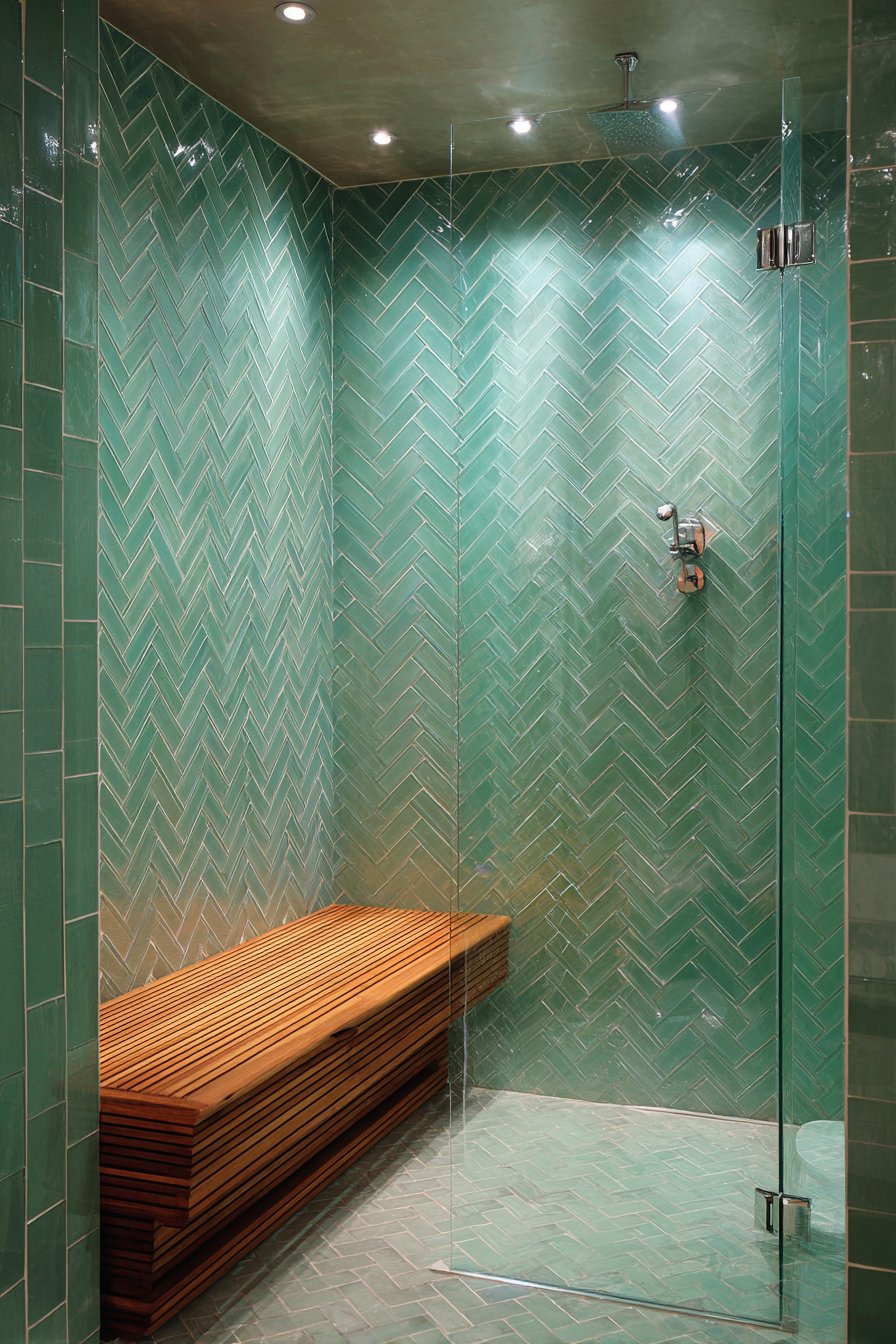 Spa-Like Seafoam Herringbone Shower Retreat