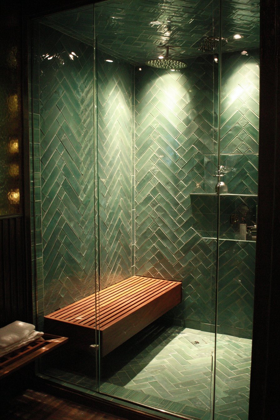Spa-Like Seafoam Herringbone Shower Retreat