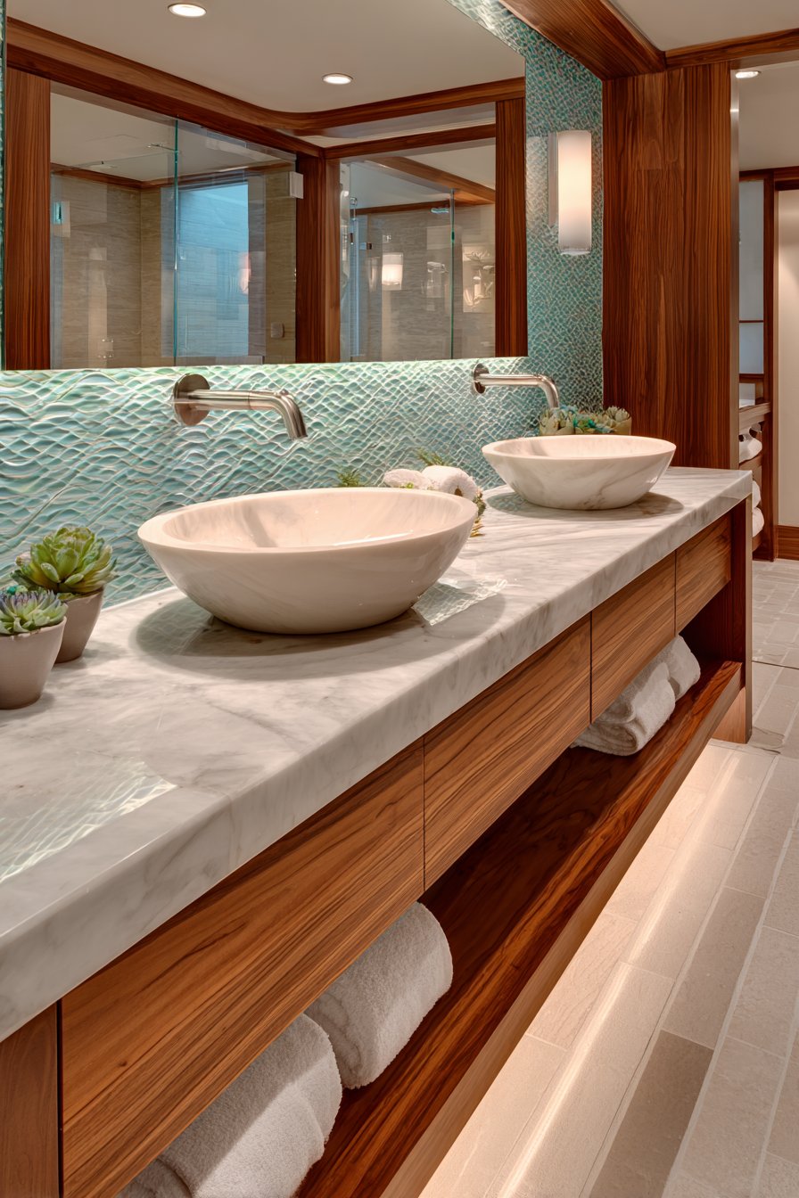 Luxurious Dual Vanity with Ocean-Inspired Accents