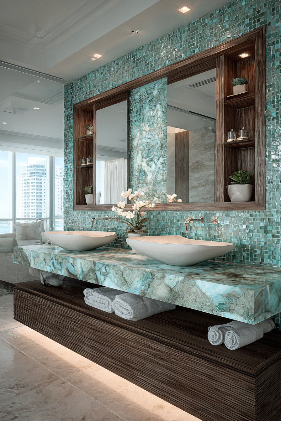 Luxurious Dual Vanity with Ocean-Inspired Accents