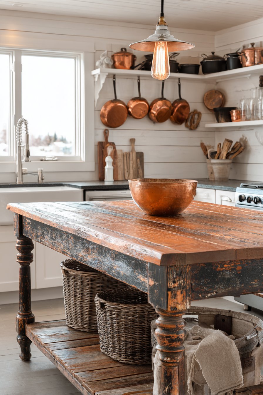 Reclaimed Wood Island with Practical Storage Solutions