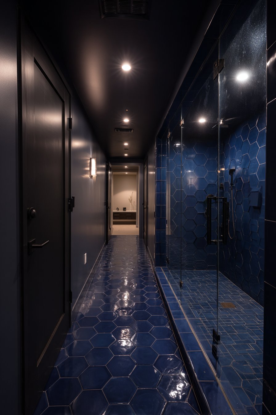 Dramatic Navy Hexagonal Shower Retreat