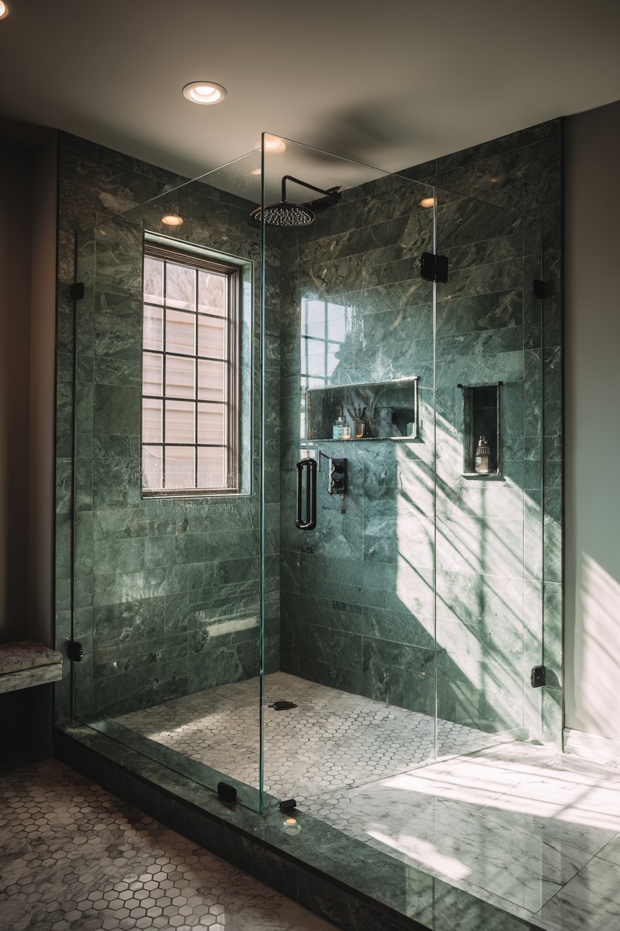 Luxurious Hunter Green Marble-Look Shower