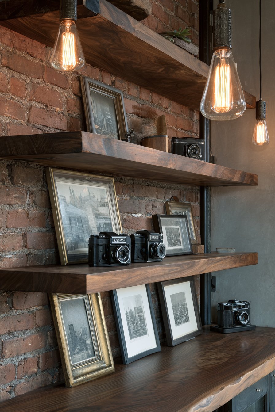 Urban Industrial Edge with Dark Walnut Floating Shelves