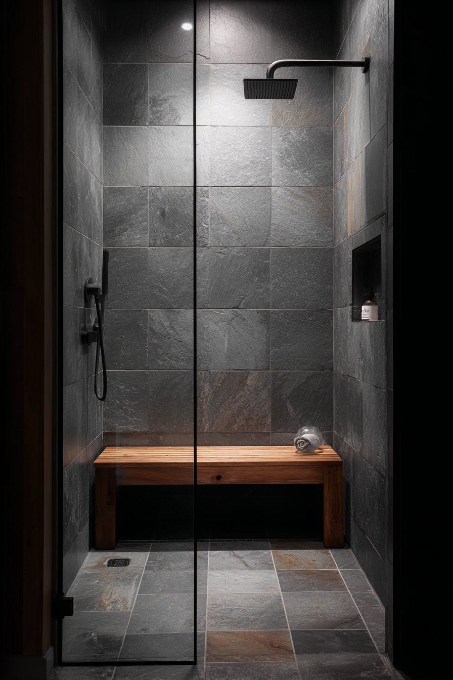 Walk-In Shower with Stone and Wood Balance