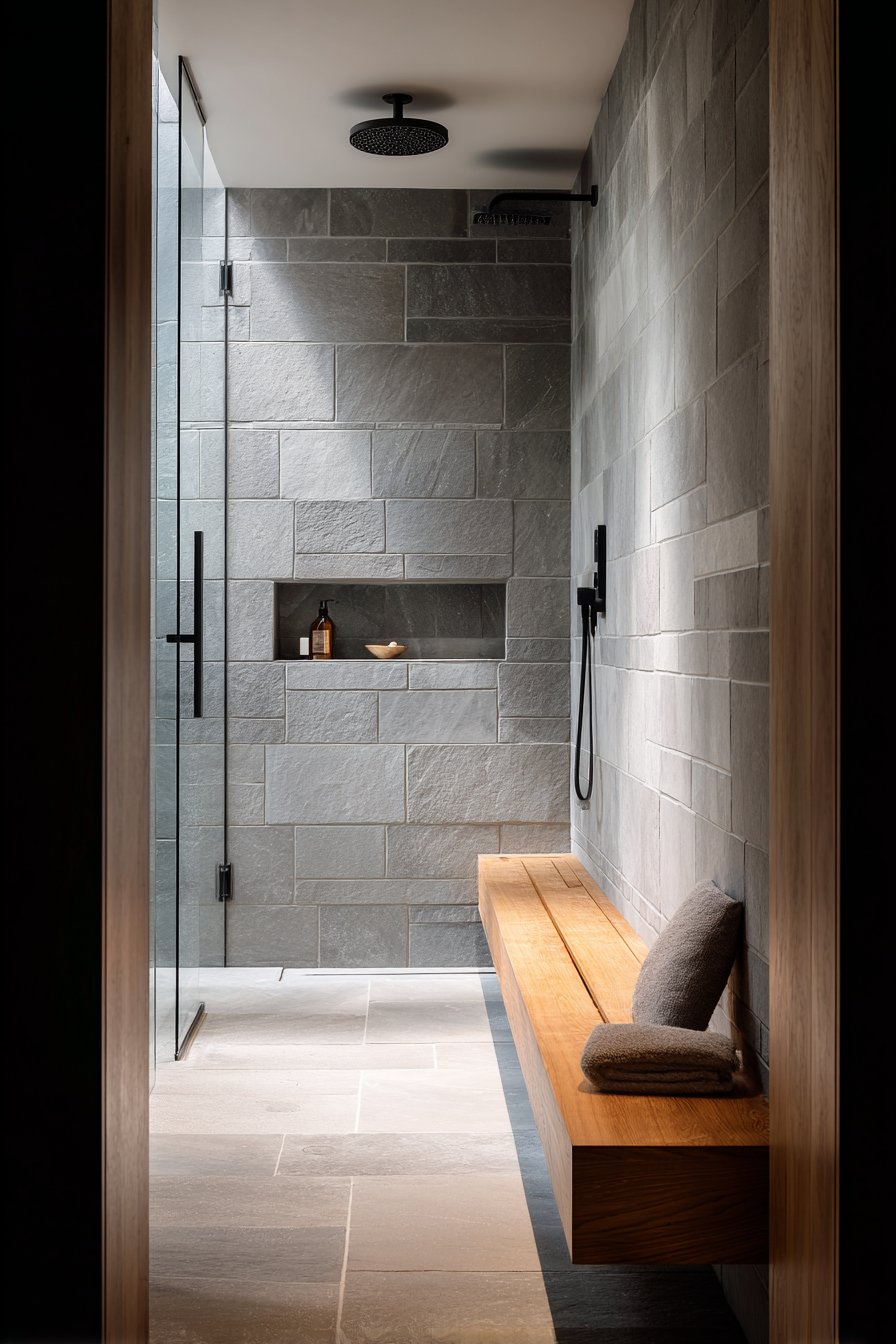 Walk-In Shower with Stone and Wood Balance