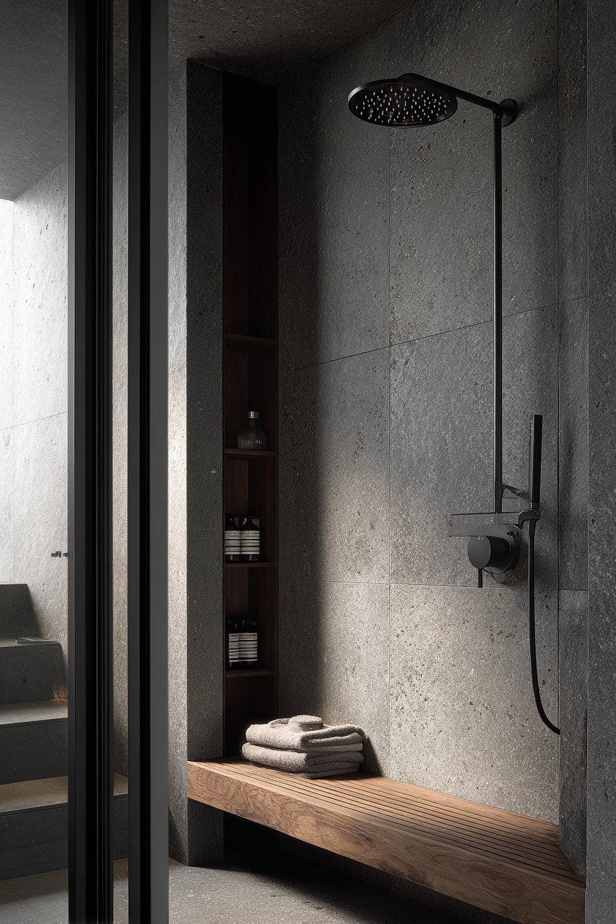 Walk-In Shower with Stone and Wood Balance