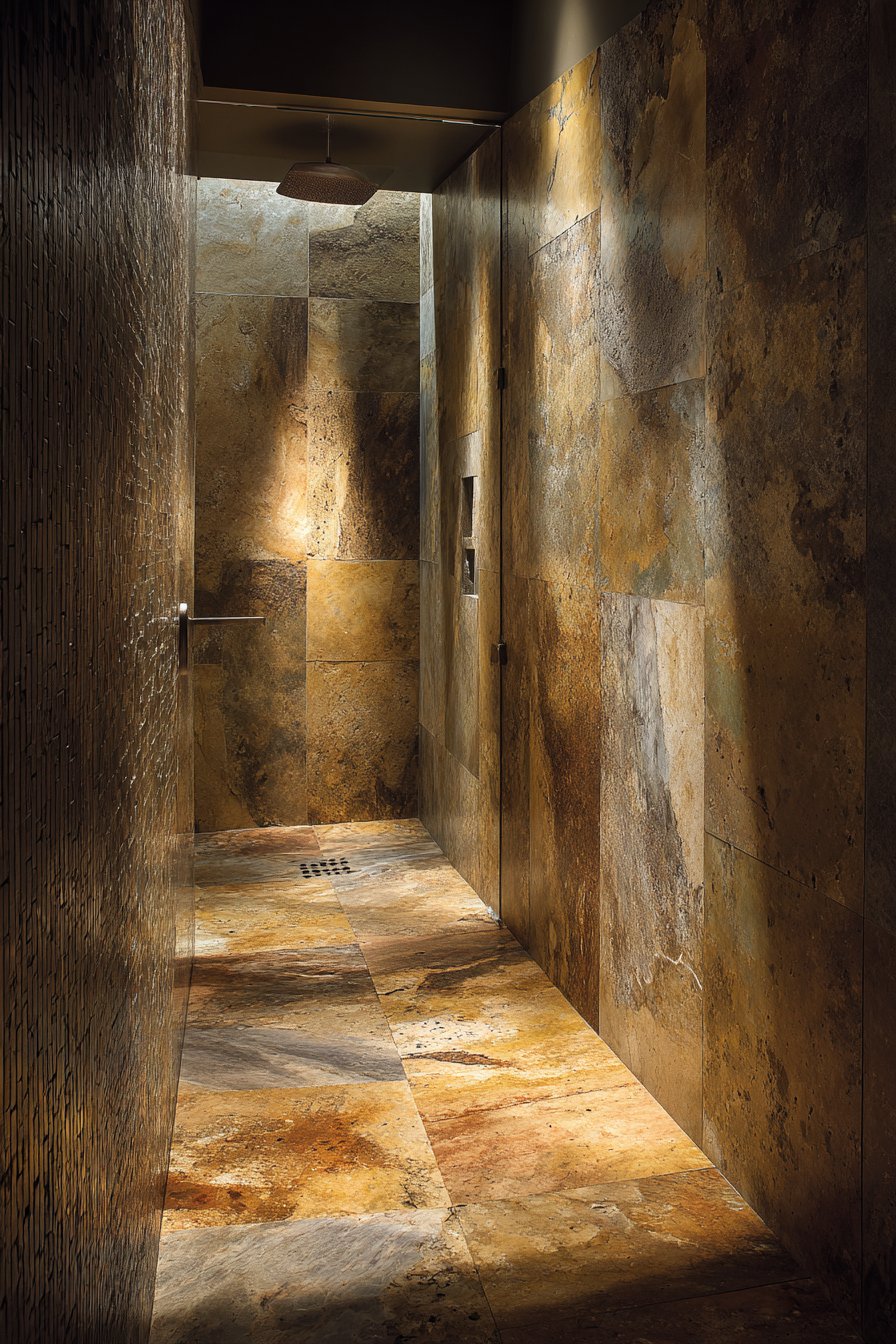 Travertine Shower Enclosure with River Pebble Floor