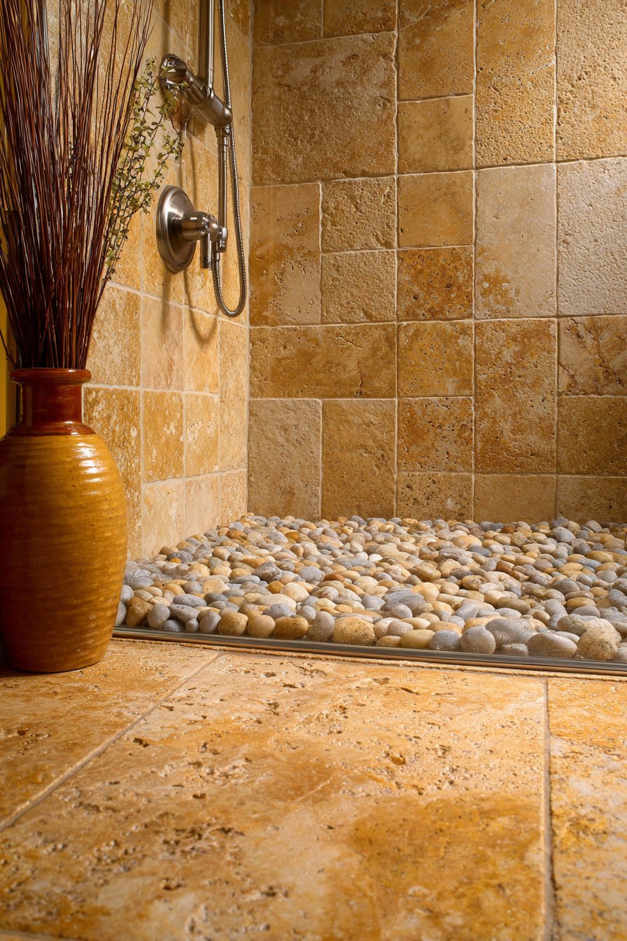 Travertine Shower Enclosure with River Pebble Floor