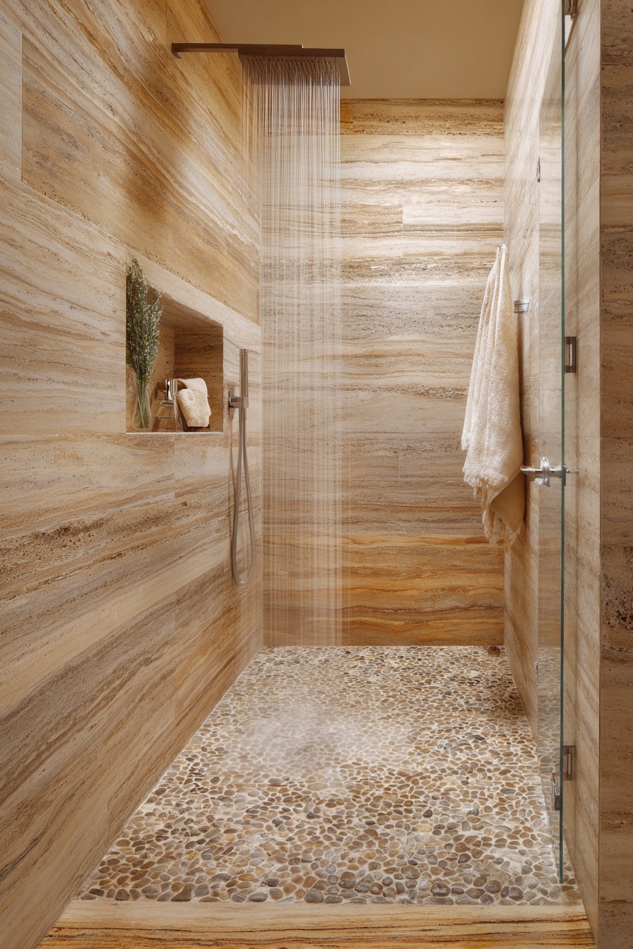 Travertine Shower Enclosure with River Pebble Floor