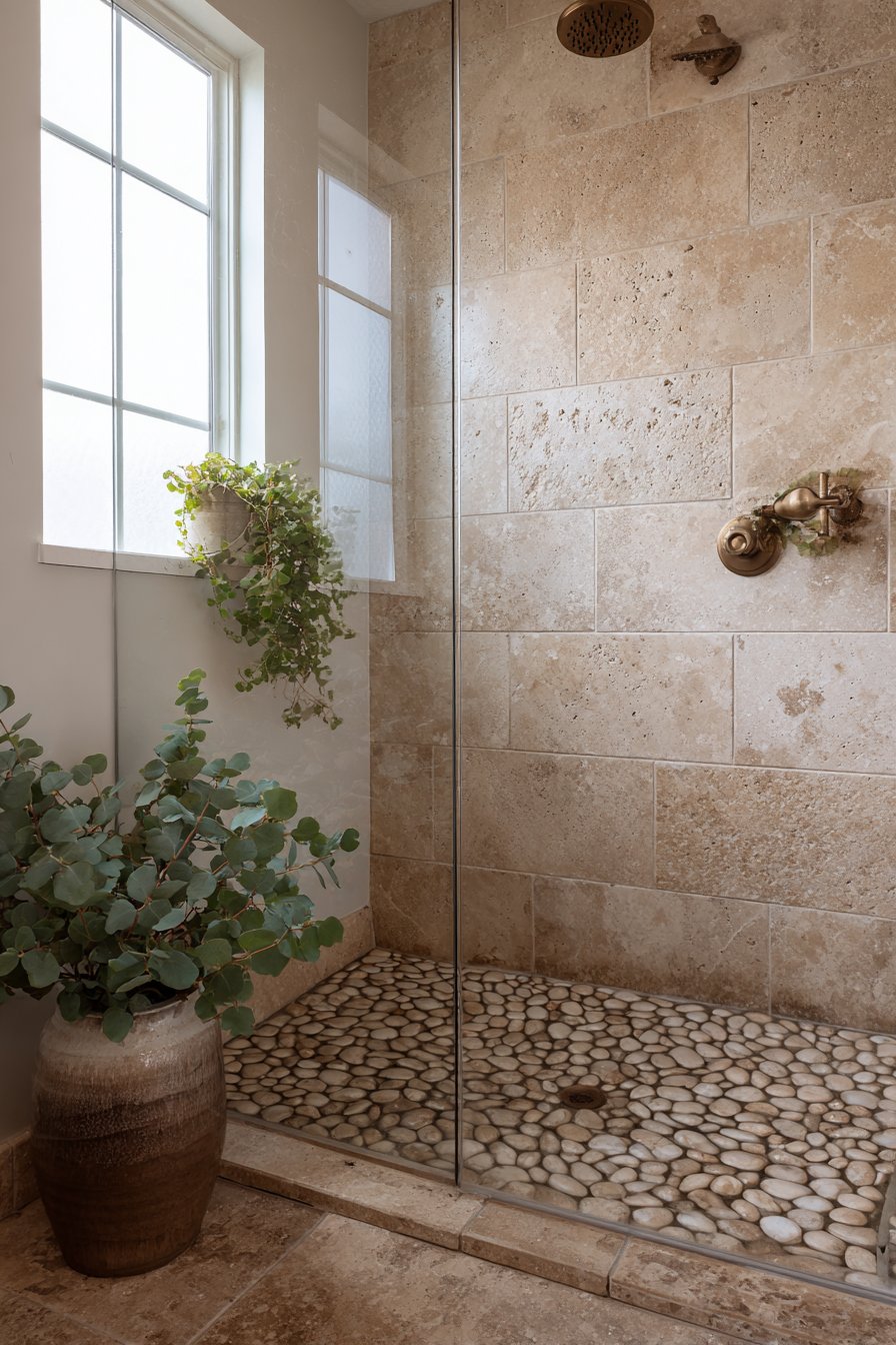 Travertine Shower Enclosure with River Pebble Floor