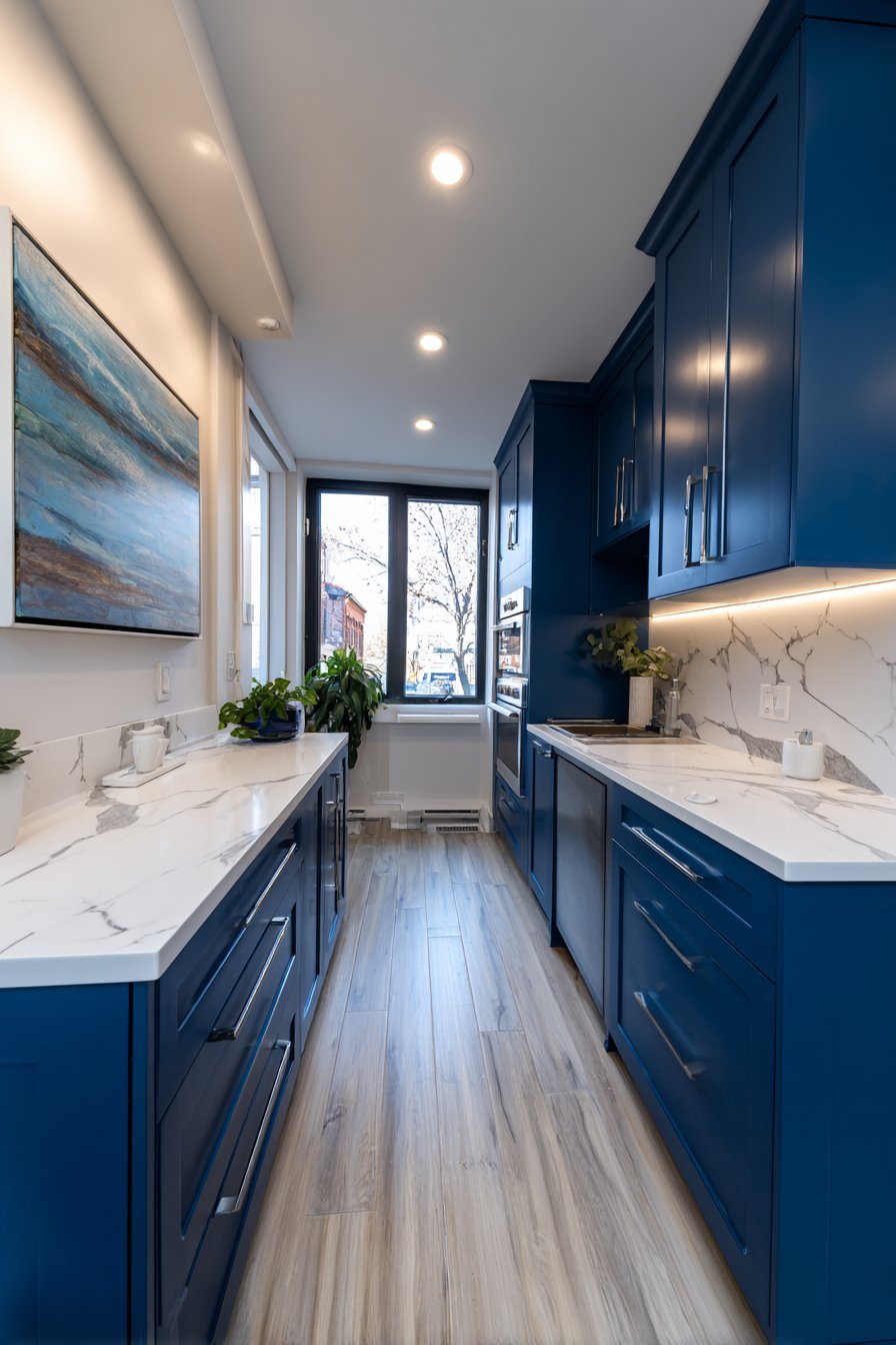 Space-Maximizing Galley Kitchen with Floor-to-Ceiling Navy Blue Cabinets