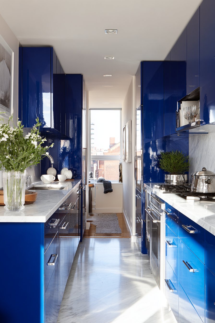 Space-Maximizing Galley Kitchen with Floor-to-Ceiling Navy Blue Cabinets