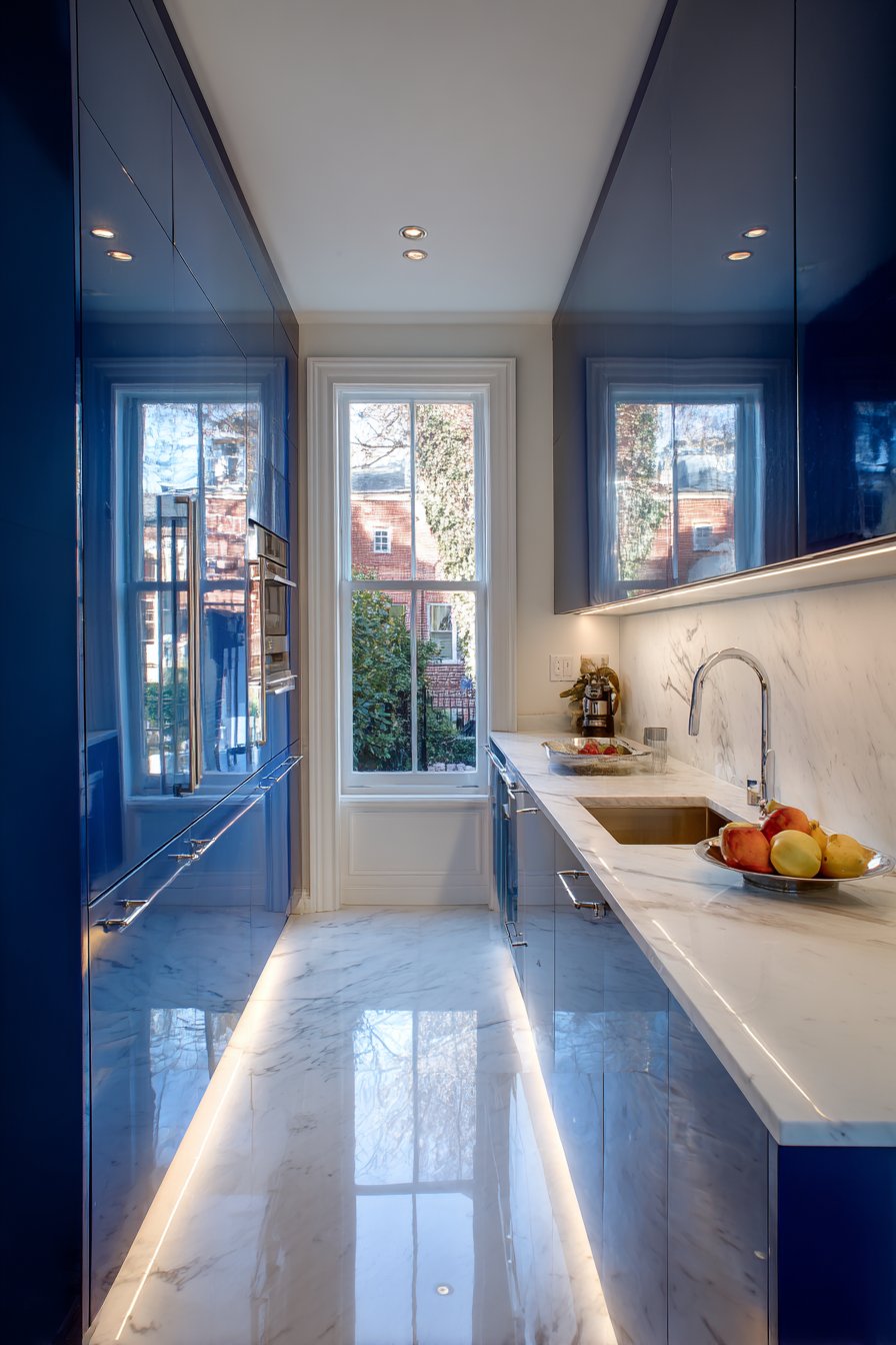 Space-Maximizing Galley Kitchen with Floor-to-Ceiling Navy Blue Cabinets