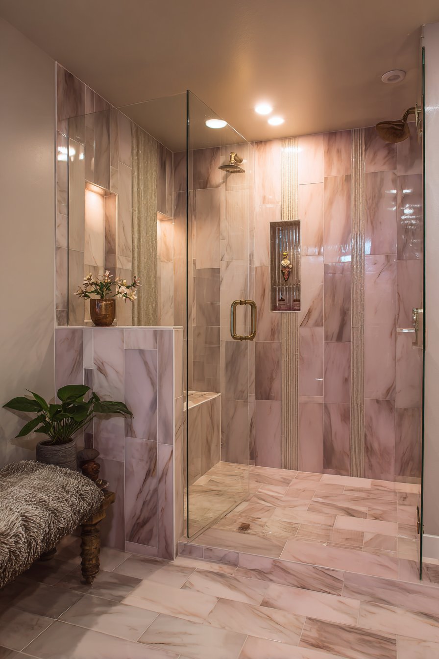 Luxurious Marble-Look Shower with Sage Accents