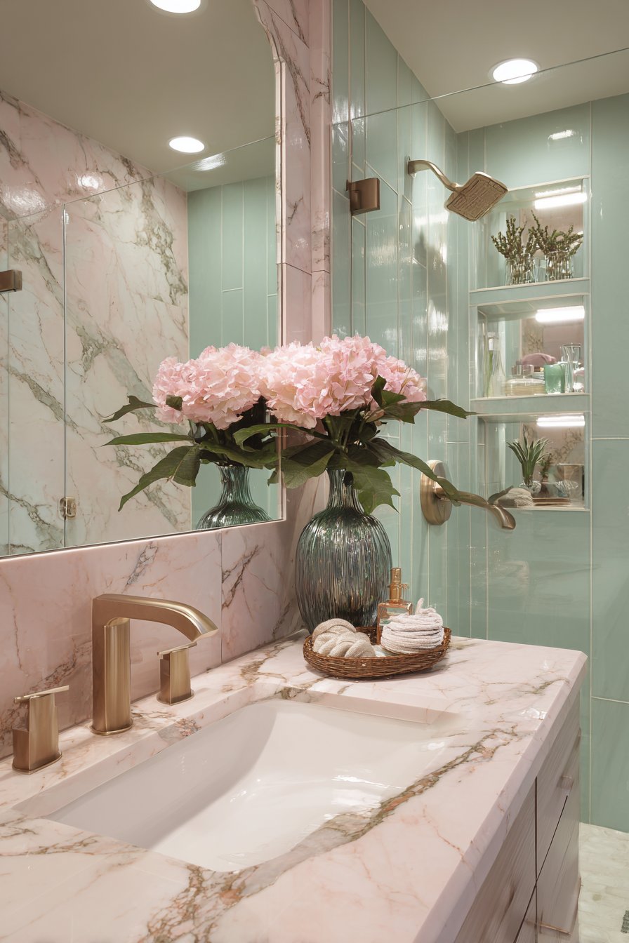 Luxurious Marble-Look Shower with Sage Accents