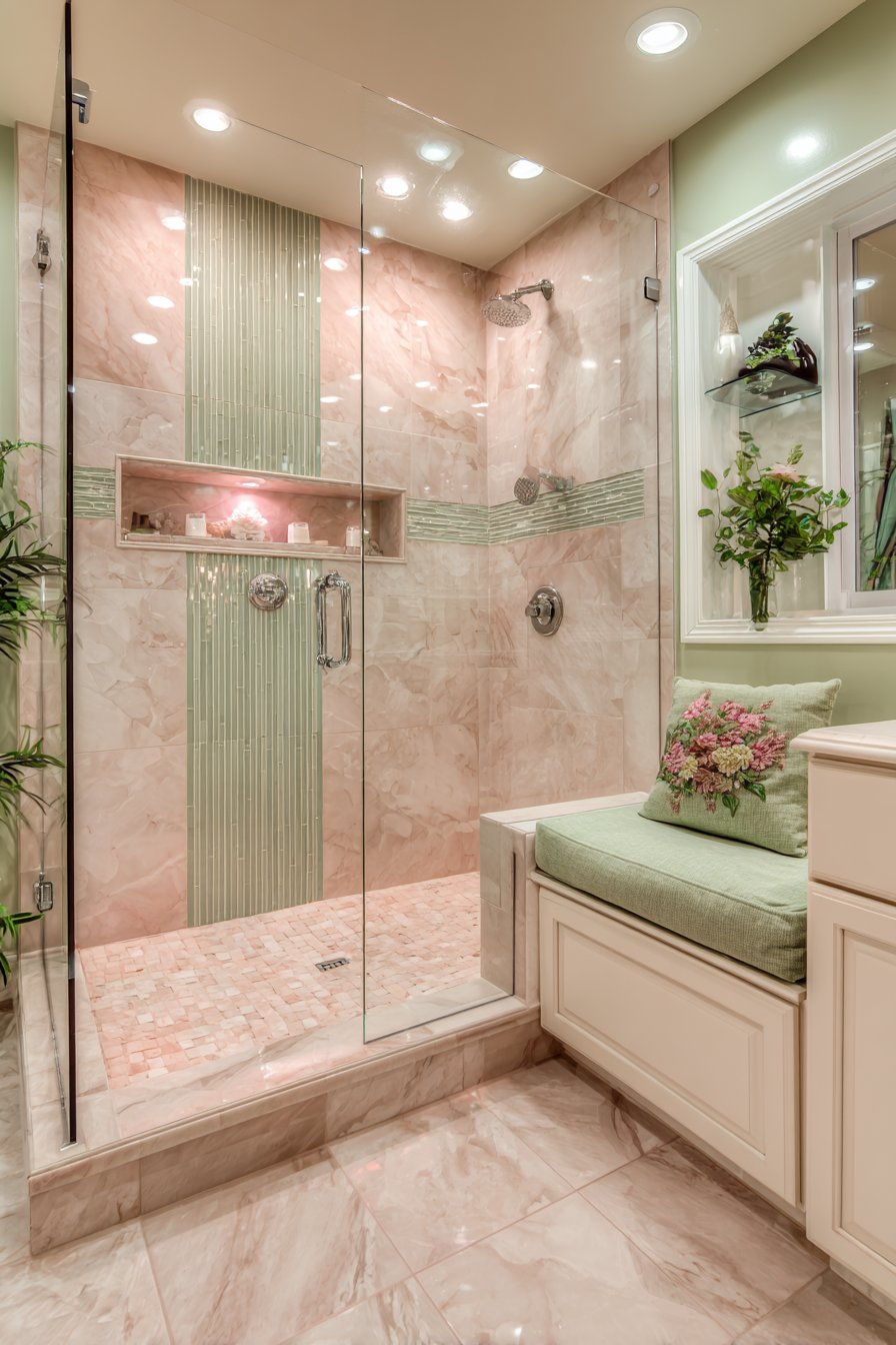 Luxurious Marble-Look Shower with Sage Accents