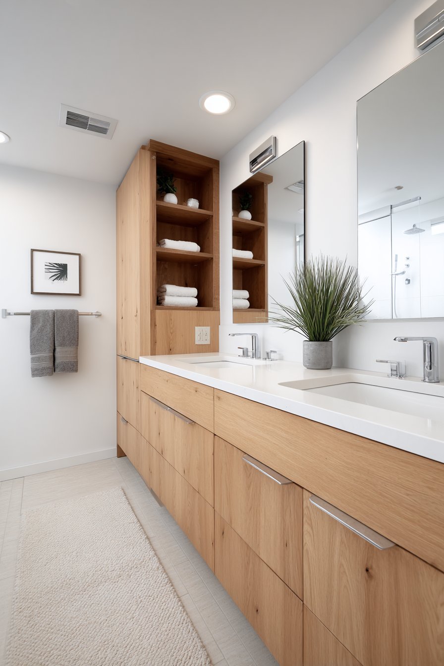 Double Vanity Scandinavian Bathroom with Light Oak Cabinetry