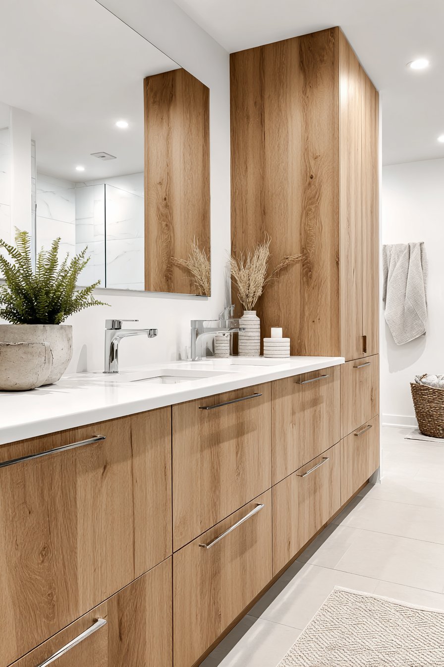Double Vanity Scandinavian Bathroom with Light Oak Cabinetry