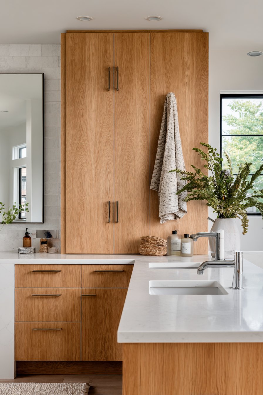 Double Vanity Scandinavian Bathroom with Light Oak Cabinetry