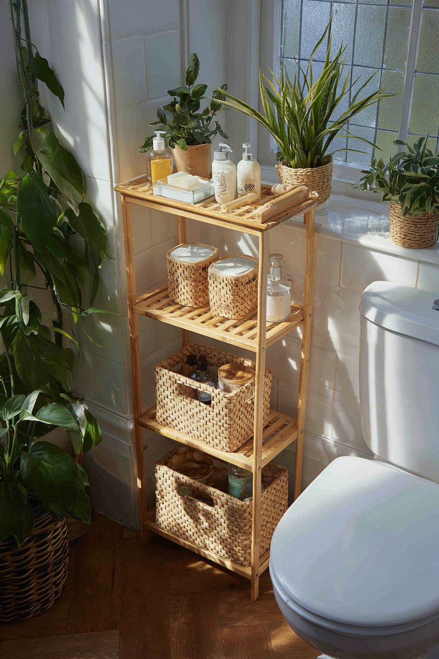 Bamboo Over-Toilet Shelving with Natural Warmth