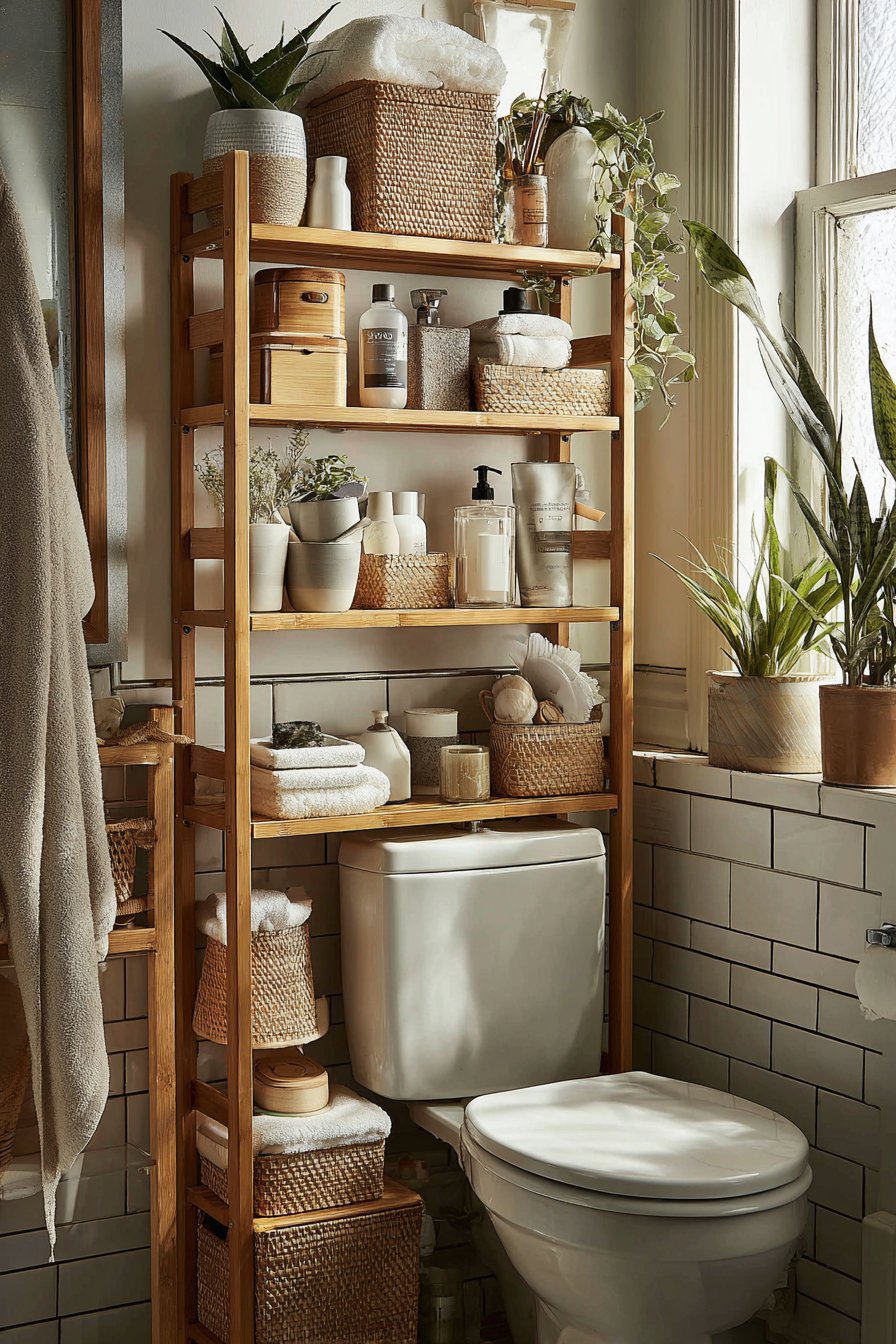 Bamboo Over-Toilet Shelving with Natural Warmth