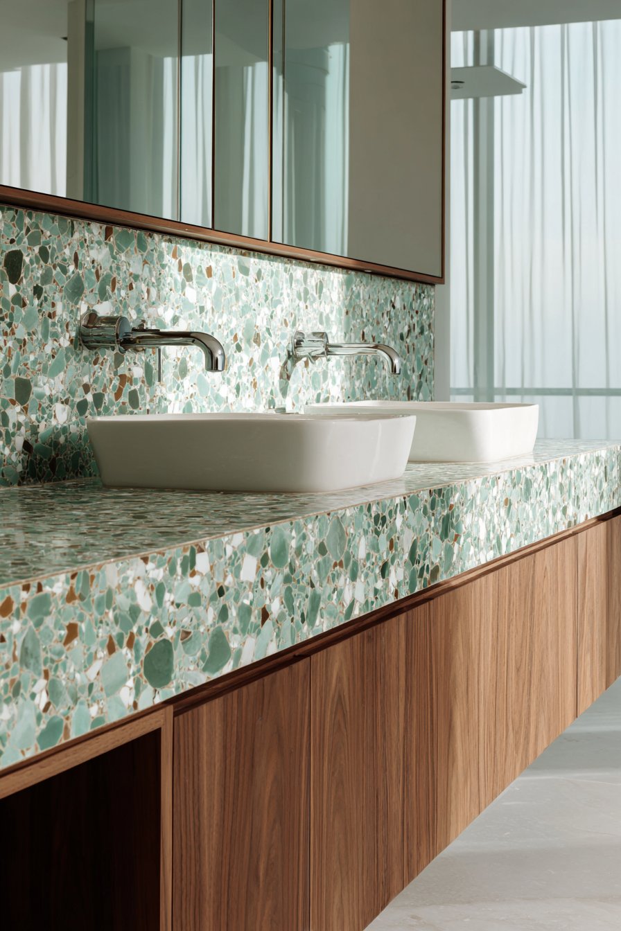Green Terrazzo Vanity with Brass Accents