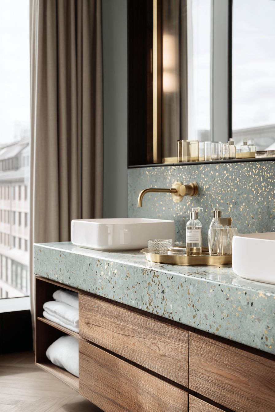 Green Terrazzo Vanity with Brass Accents