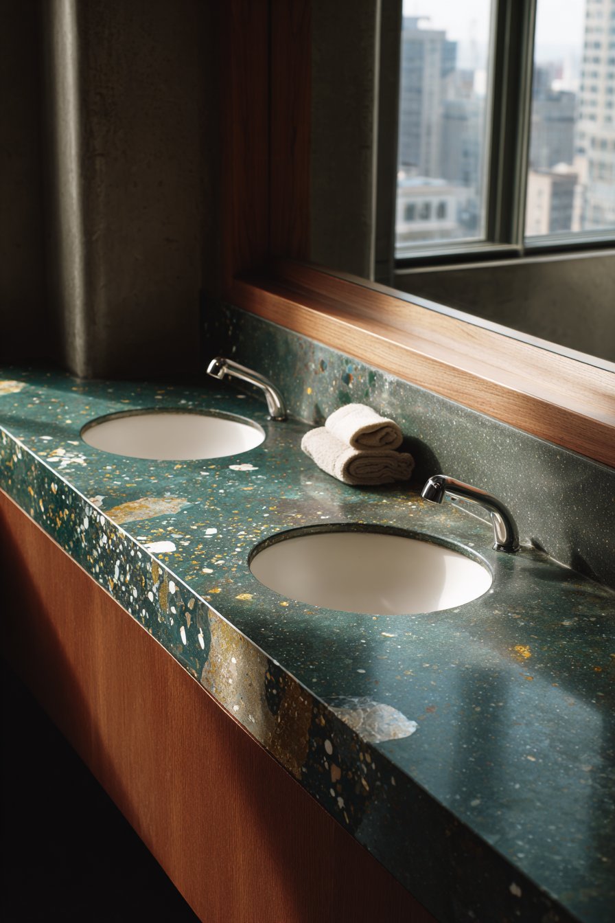 Green Terrazzo Vanity with Brass Accents