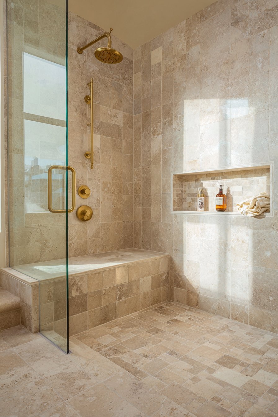 Spacious Walk-In Shower with Warm Beige Limestone